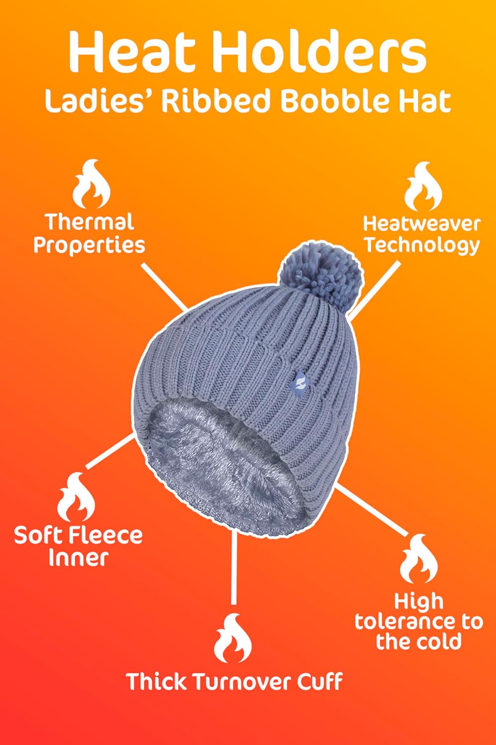 HEAT HOLDERS - Womens Chunky Knit Fleece Lined Thermal Winter Hat with Pom Pom