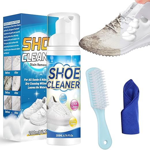 White Shoe Cleaner Kit, Sneaker Cleaner Kit with Brush and Towel, Shoe Cleaning Form for White Shoes, Leather, Boots, Canvas Shoes (6.76 fl oz)