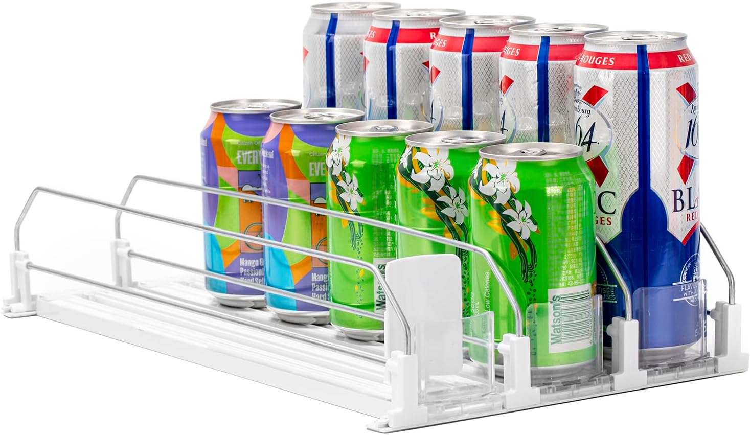 Rula Drink Organizer for Fridge, Width Adjustable Water Bottle Pusher Glide, Self-Pushing Soda Can Dispenser for Refrigerator - Holds up to 15 Cans (15"D, 3 Rows)