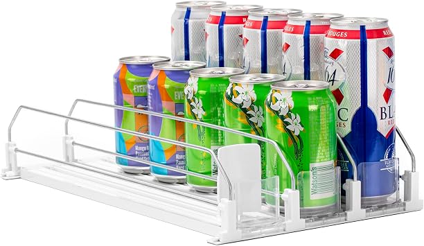 RULA Drink Organizer for Fridge, Width Adjustable Water Bottle Pusher Glide, Self-Pushing Soda Can Dispenser for Refrigerator - Holds up to 15 Cans 15" D, 3 Rows