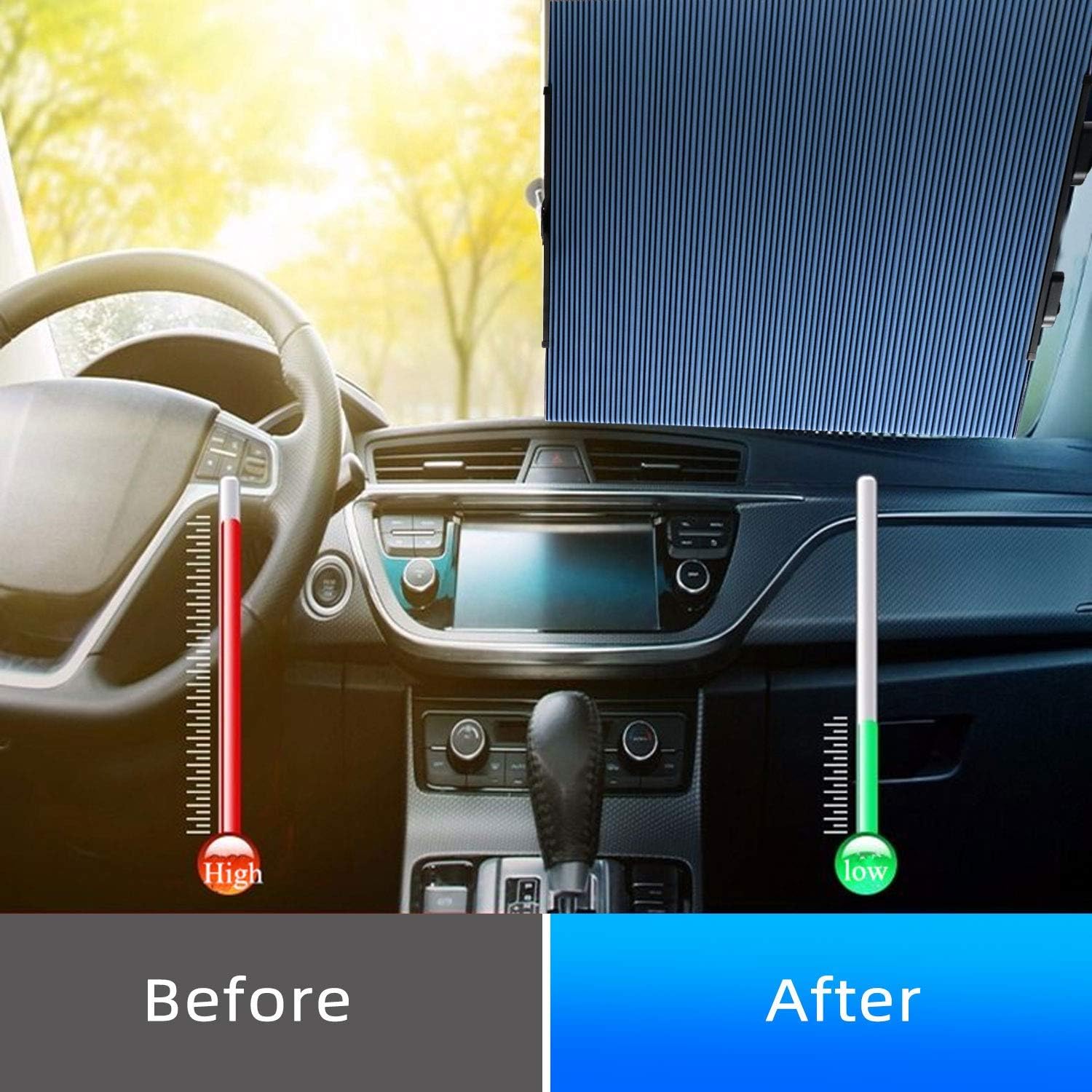 Retractable Windshield Sun Shade for Car, Cordless Cellular Sun Visor Protector Blocks 99% UV Rays to Keep The Vehicle Cool, Honeycomb Sunshade Fits Various Models with 3 Suction Cups 25.6"x 56.7"max
