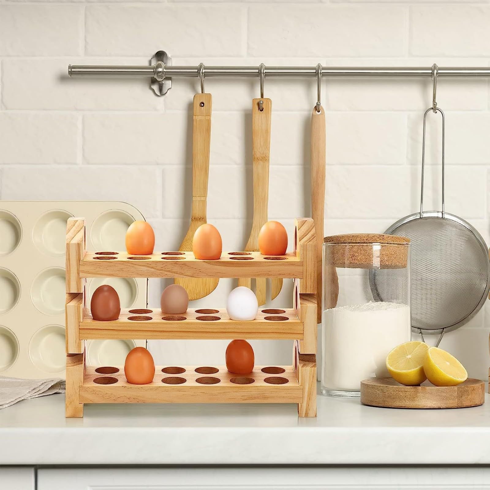 Soporte de madera de 3 capas para exhibición de huevos para encimera de cocina, ahorro de espacio, estante de almacenamiento de huevos de escritorio