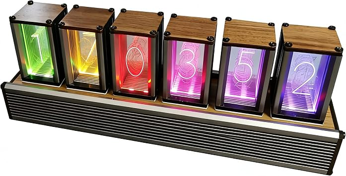 RGB Retro Imitation Nixie Tube Clock - Modern LED Desktop Clock with Wood Base, Custom Colors & Dynamic Light Modes Rainbow/Breathing/Flow, Displays Time/Date/Timer, Ideal Home Office Decor Gift