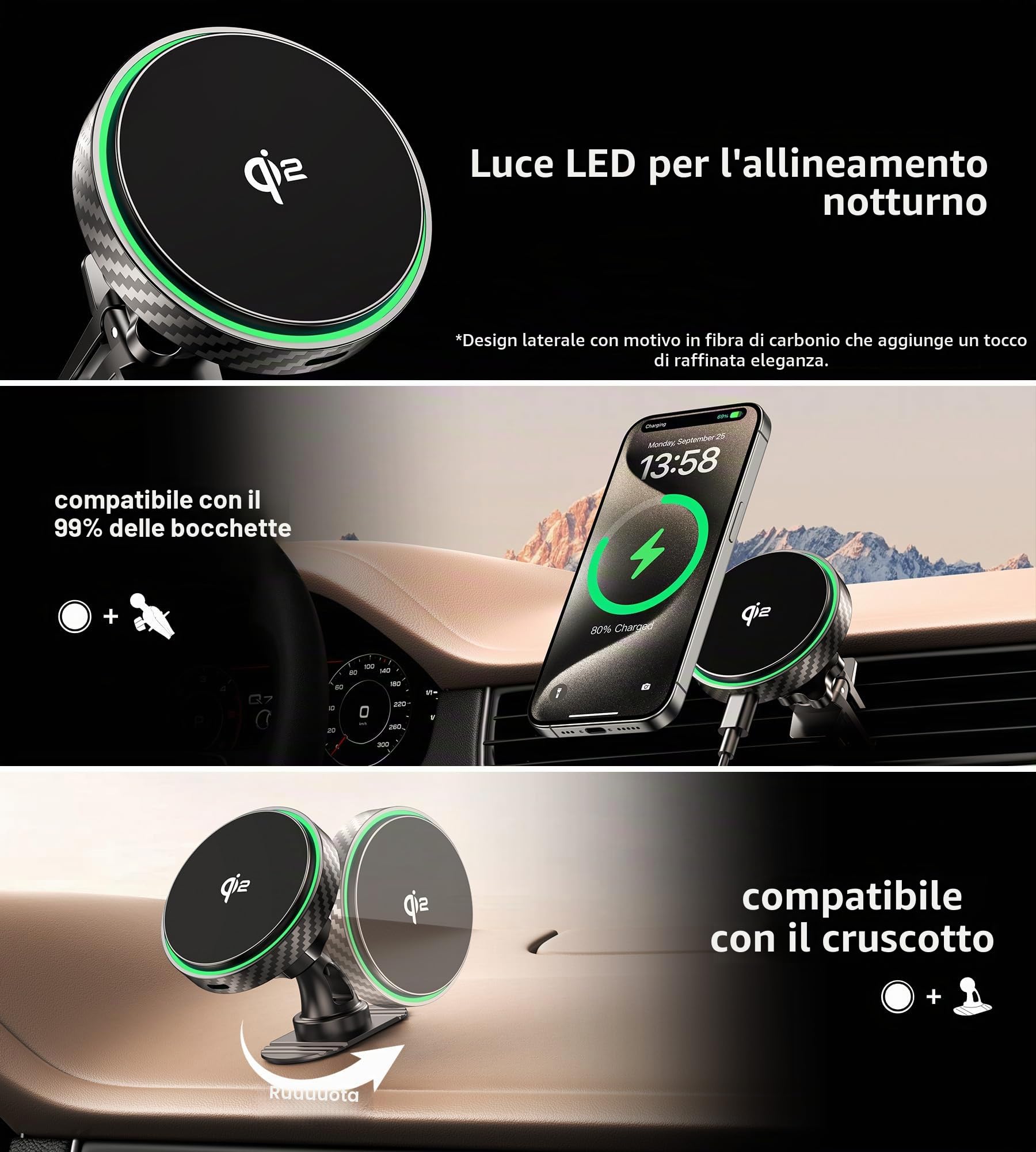 Qi2 Caricatore Wireless Auto Magsafe - [Certificato Qi2 con Ricarica più Sicura e Stabile] Caricabatterie Rapido Magnetico per Auto per iPhone 17 16 15 14 13 12 per Cruscotto/Presa d'Aria
