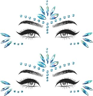 2 Pieces Mermaid Gems Face Stickers, Rhinestone Glitter Stones Face, Gemstone Temporary Tattoos, Self-Adhesive Jewels Crystals, Rhinestones for Carnival Summer Party Makeup Festival (Blue