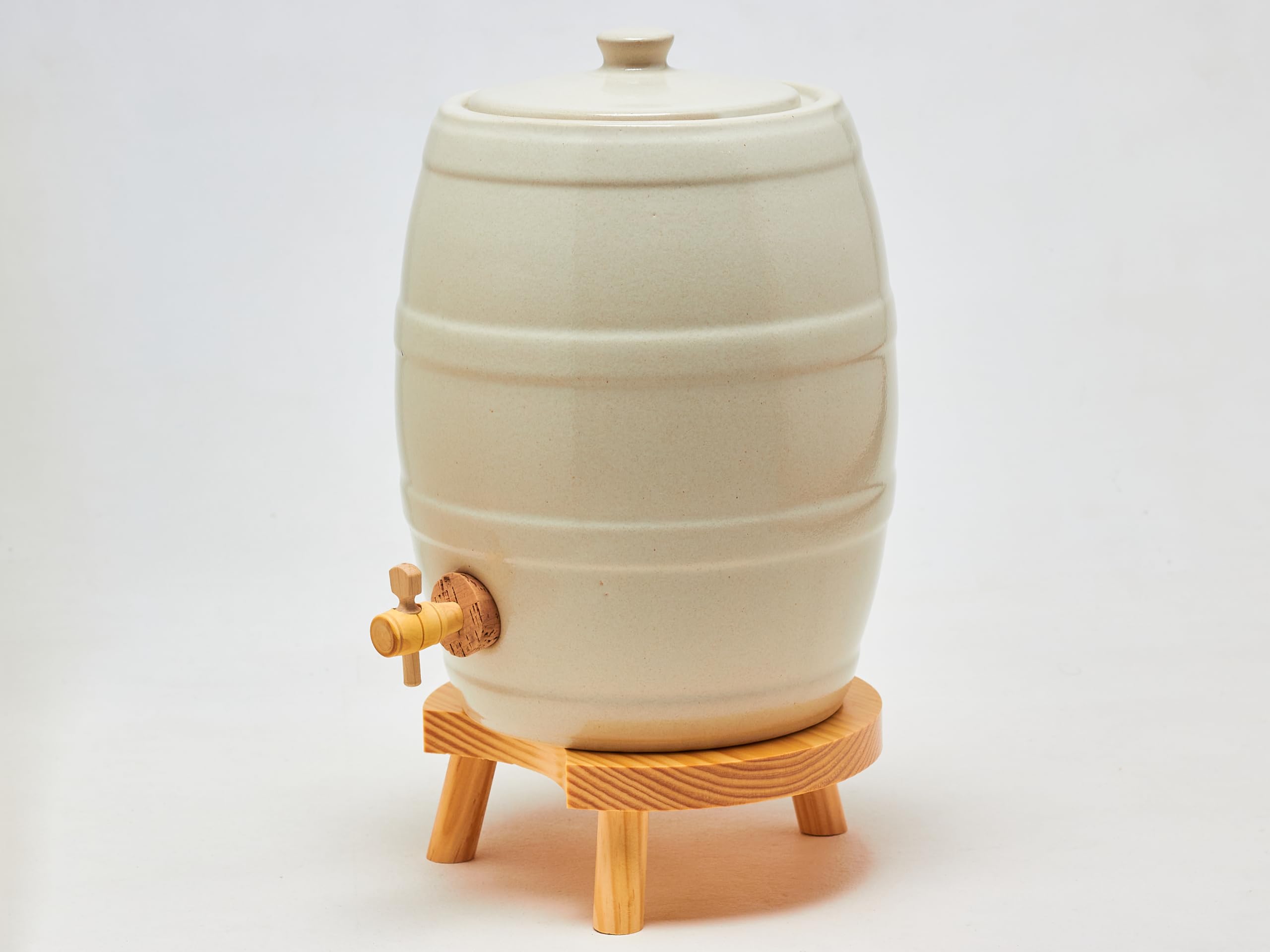 Ardosia Acetiera in Gres Modello Botte 5 L con Rubinetto e Supporto in Legno, per Fare Aceto in Casa, Madre dell’Aceto e Conservazione Artigianale