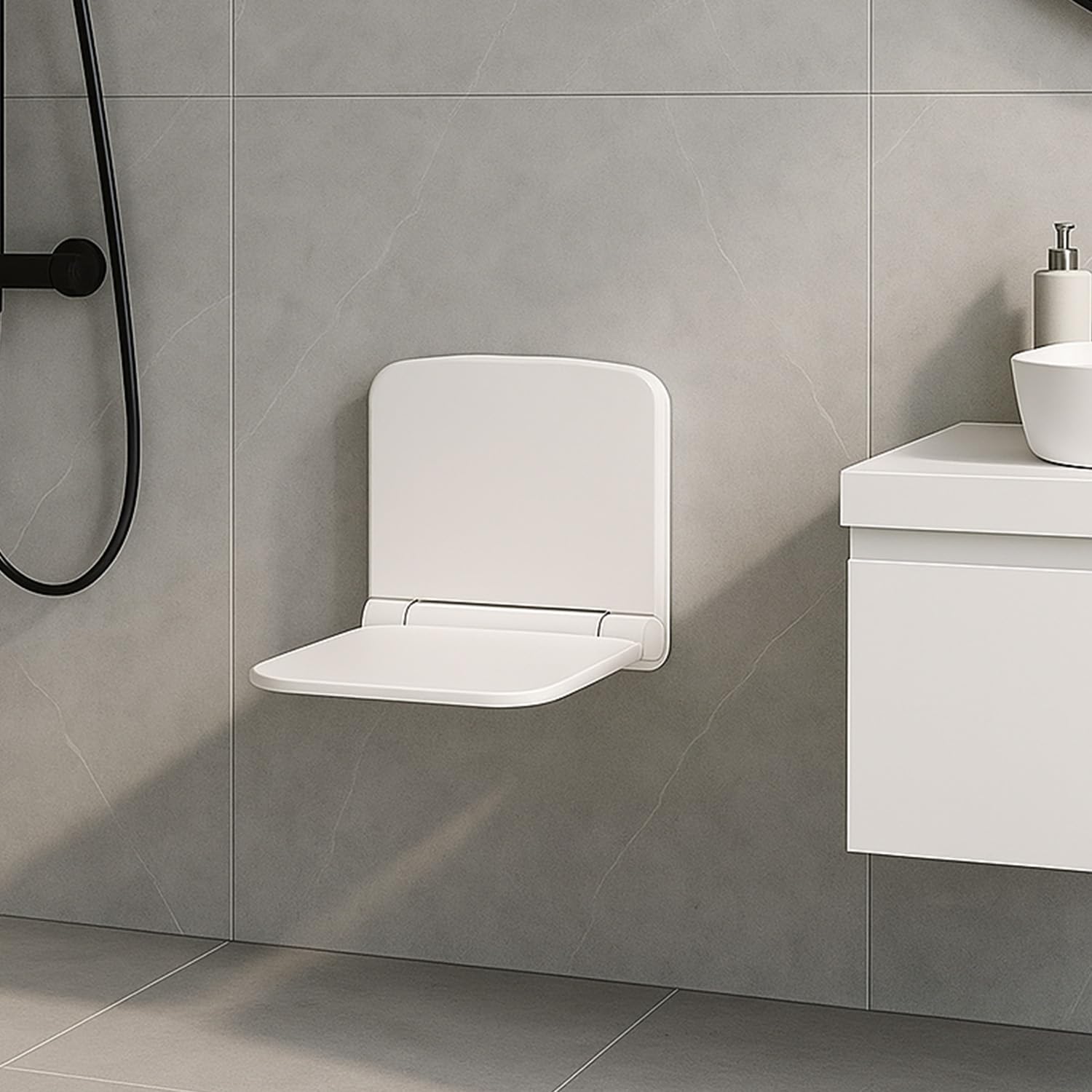Bürstenking Duschklappsitz für Wandmontage mit Rückenlehne bis 140 kg belastbar, weiß – Ideal für Senioren Duschsitz klappbar, Wandmontage, Duschhocker, Klappsitz Wand Dusche