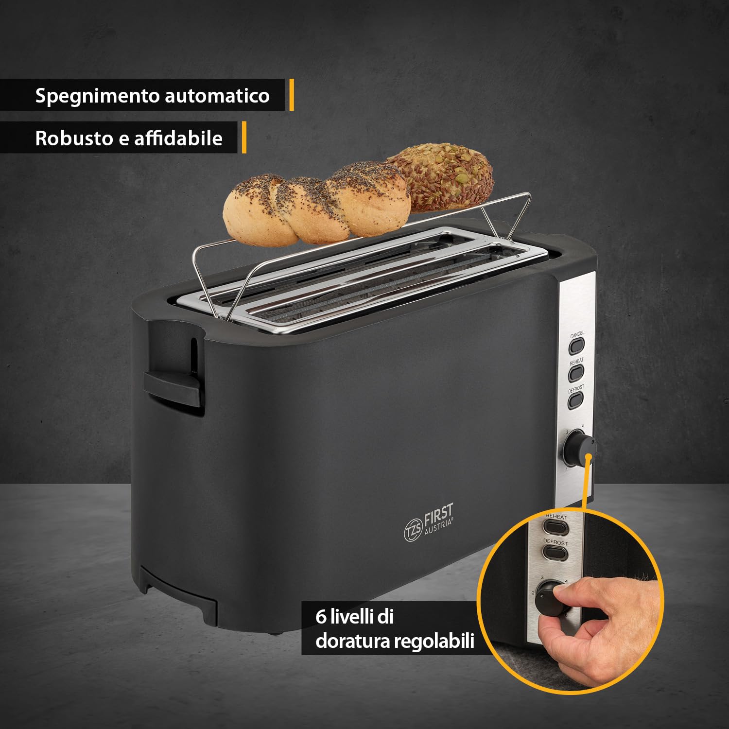 TZS First Austria – Tostapane in acciaio inox a fessura lunga 4 fette – con accessorio panini e vassoio raccogli-briciole – 6 livelli di doratura, funzione scongelamento, 1500W, nero opaco