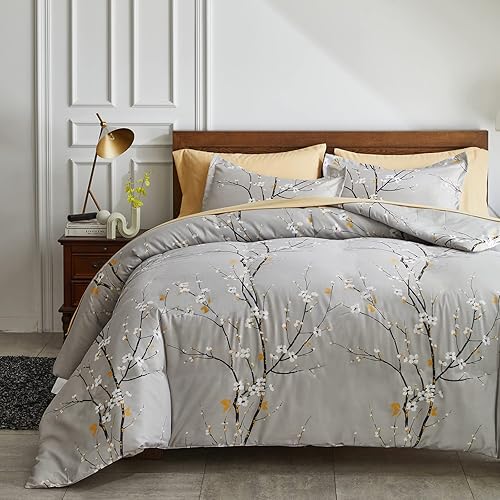 UOZZI BEDDING Juego de funda de edredón estilo rama Queen con 2 fundas de almohada, cierre de cremallera de 800 hilos, 4 lazos en las esquinas,
