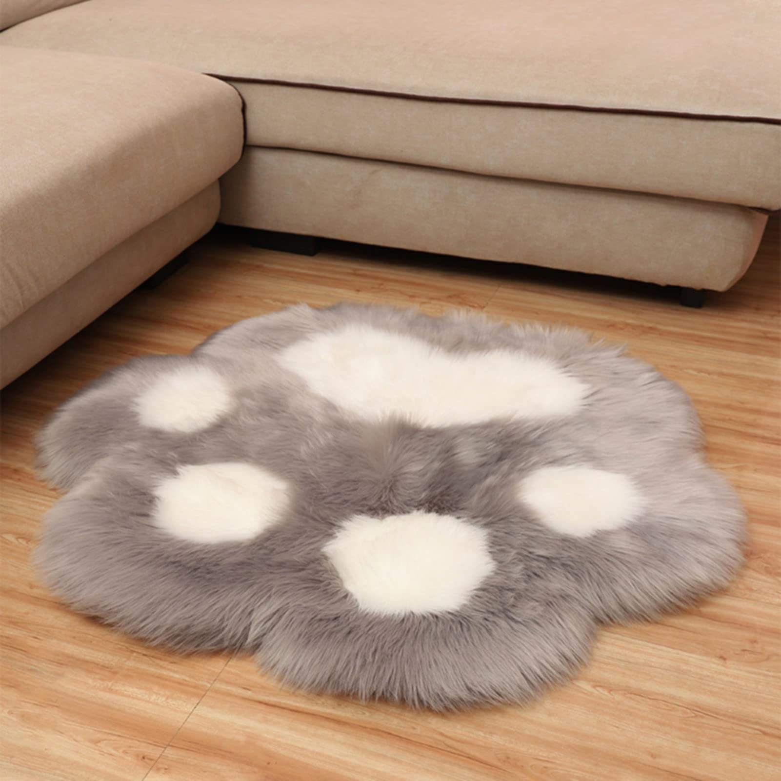 SWECOMZE Kunstfell Schaffell Imitat Lammfell-Teppich Katzenpfote Plüsch Stuhlkissen für Sofa Stuhl Wohnzimmer Schlafzimmer Kinderzimmer (grau-weiß,70x59cm)