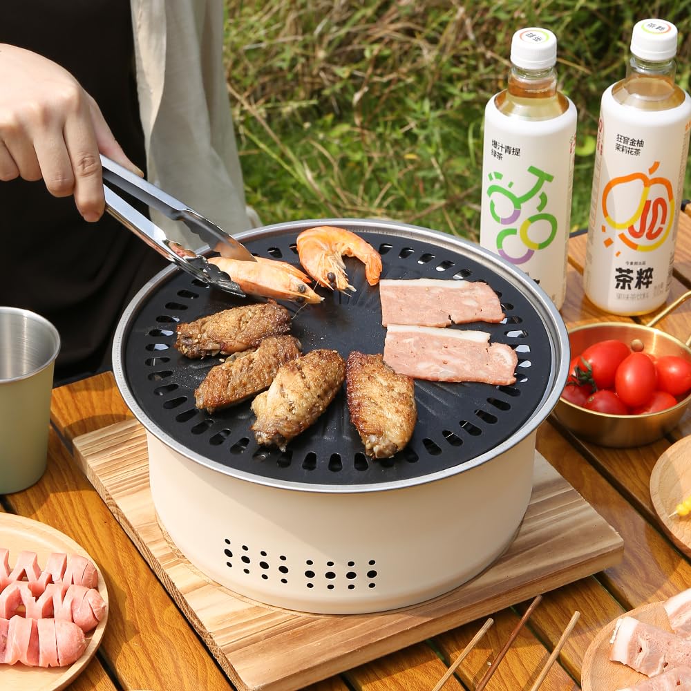 SANQIAHOME Parrilla portátil de carbón de acero inoxidable, antiadherente, redonda, barbacoa o olla caliente, agua hirviendo, estufa de carbón para fiesta en casa, campamento al aire libre