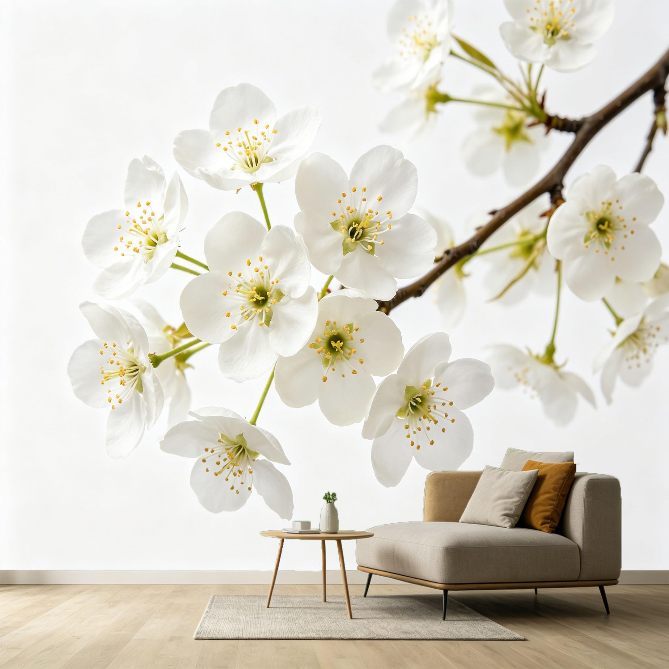Custom Size Wall Murals White Cherry Blossom Botanical Watercolor Minimalist SelfAdhesive Wall Fabric Removable Large Wallpaper Photo for Living Room