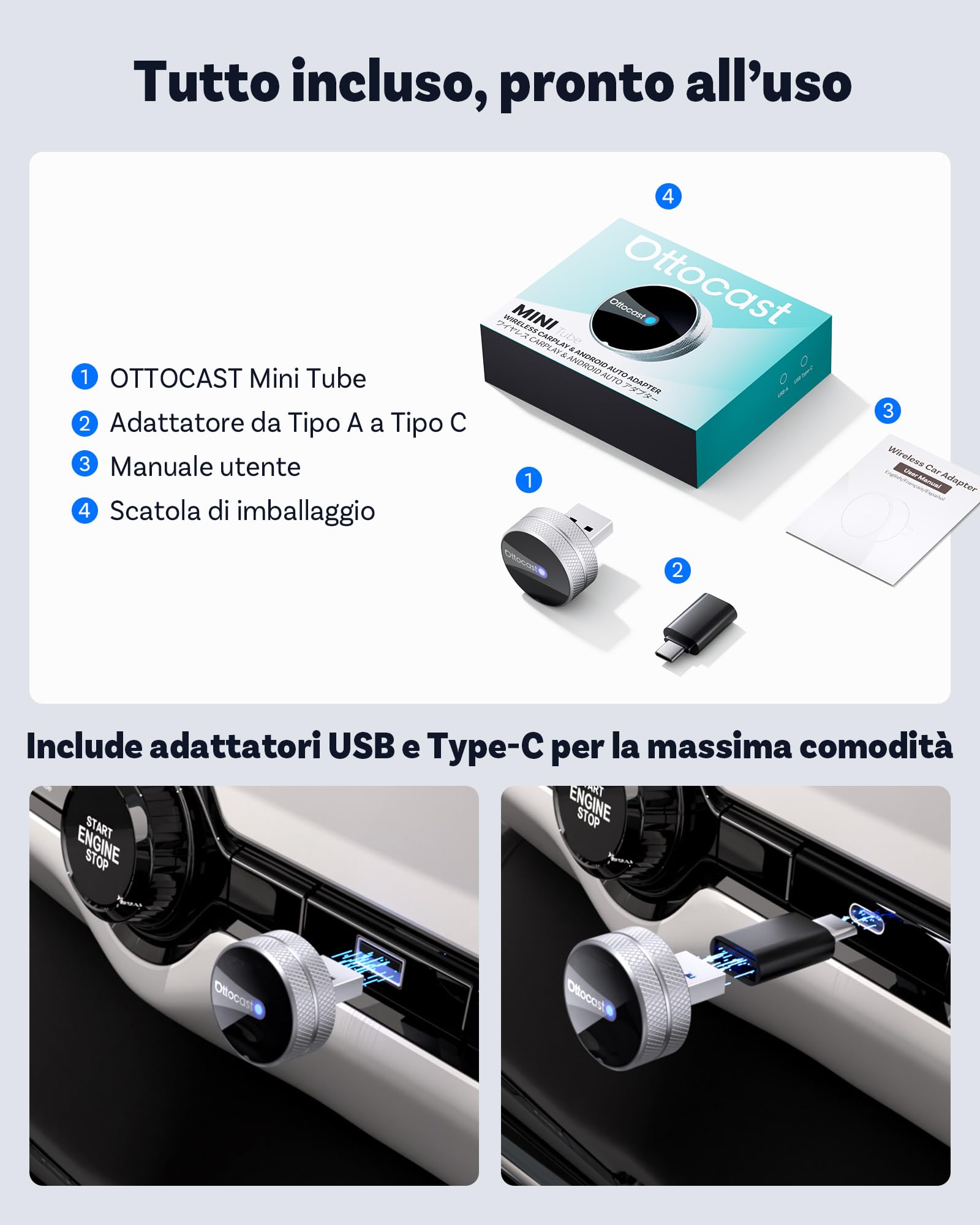 OTTOCAST Mini Tube 2026, Adattatore Wireless CarPlay & Android Auto, Connessione in 5-8s, USB-A/Type-C, Aggiornamento OTA, iOS 10+/Android 11+, Compatibile Auto dal 2016 (No BMW/Tesla)