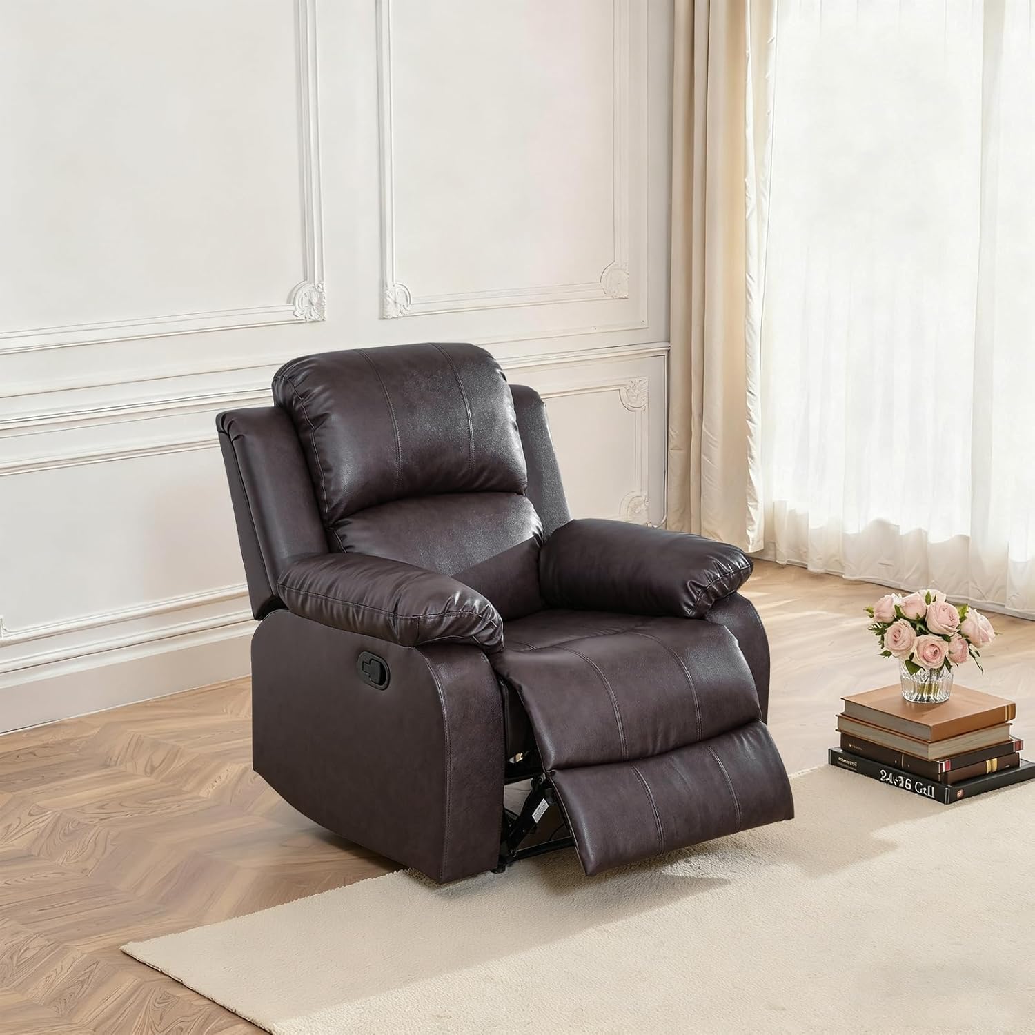 Single Manual Leather Recliner Chair, Living Room Furniture Reclining Couch Seat with Side Pockets, Swivel Rocker for Home or Office,Brown