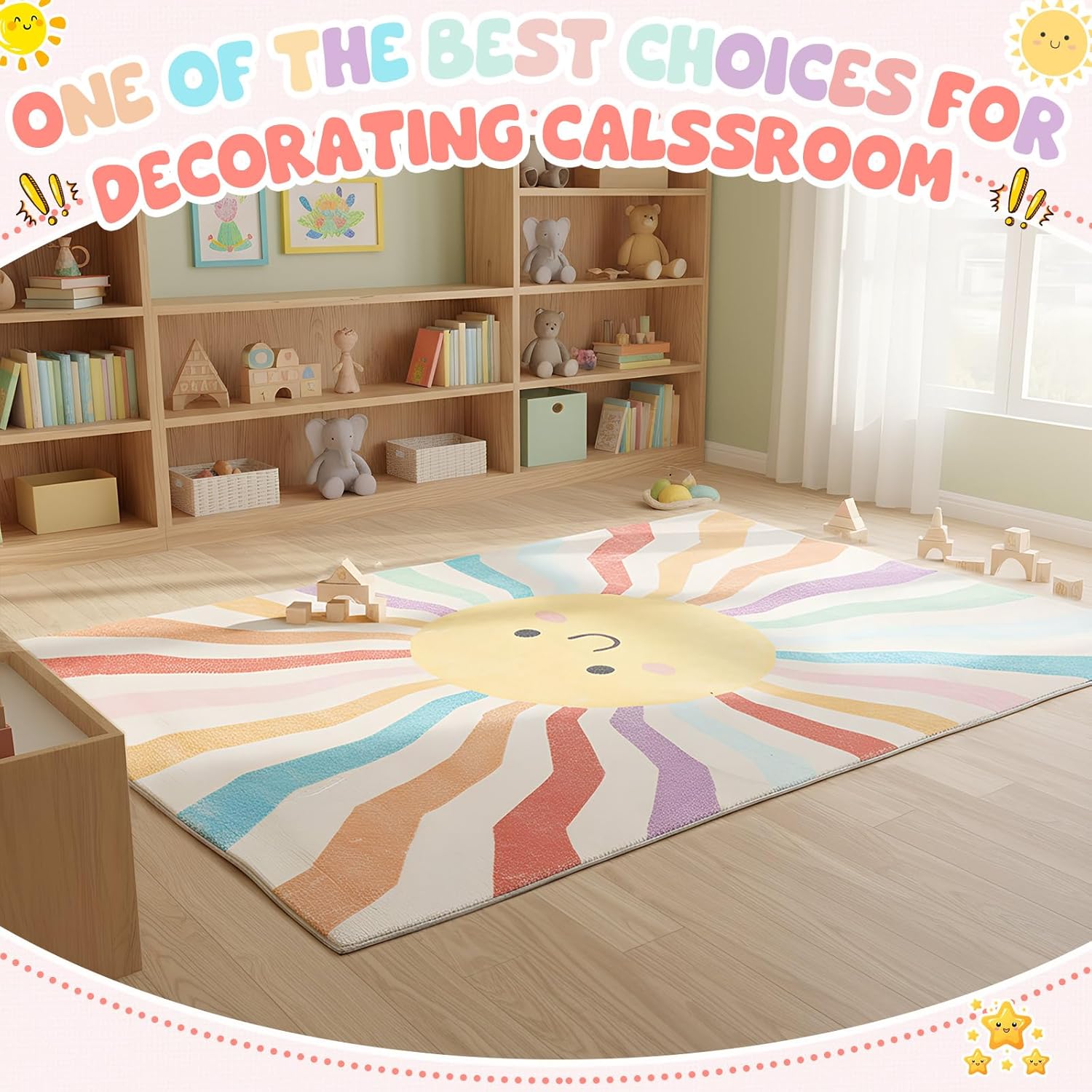 6x4 Sun Rug for Living Room, Rainbow Sunshine Bedroom Carpet with Smile Face Educational Area Carpet for Boys Girls Boho Nursery Mat Playroom Rug for Classroom