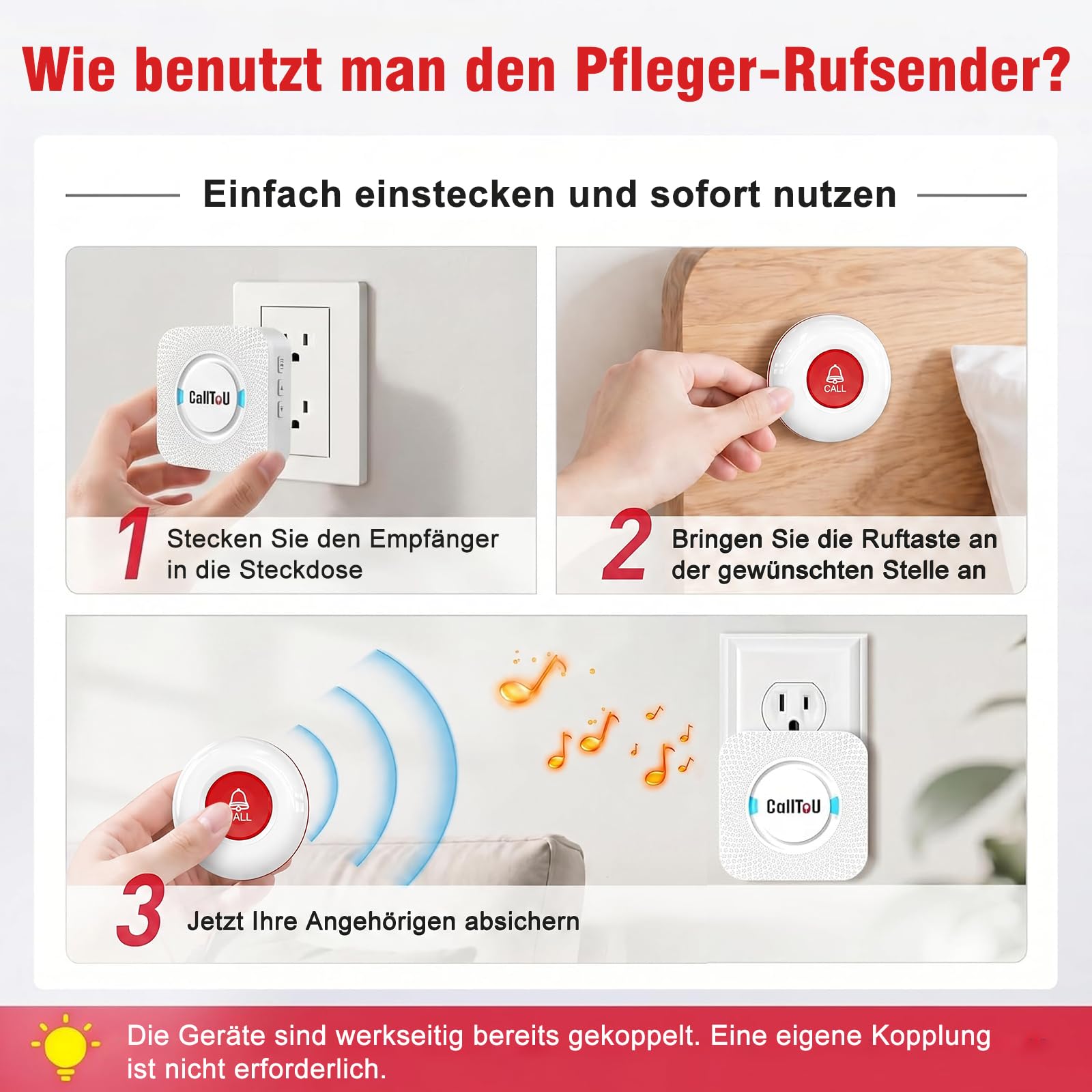 CallToU Przycisk połączenia alarmowego Bezprzewodowy system alarmowy dla pielęgniarek do domu/osób starszych/pacjentów/niepełnosprawnych (2 nadajniki 2 odbiorniki)