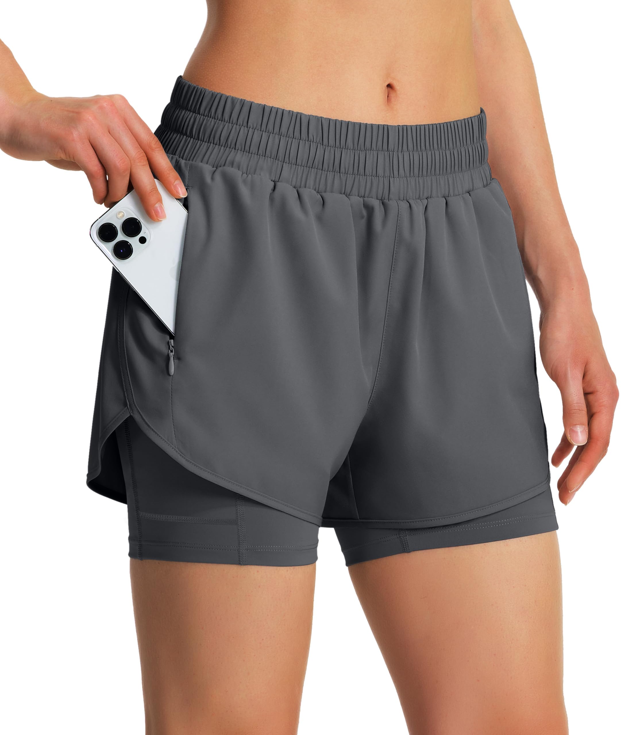 Ksmien Women's 2 in 1 Running Shorts Quick Dry Athletic Gym Workout Shorts with Liner Phone Pockets