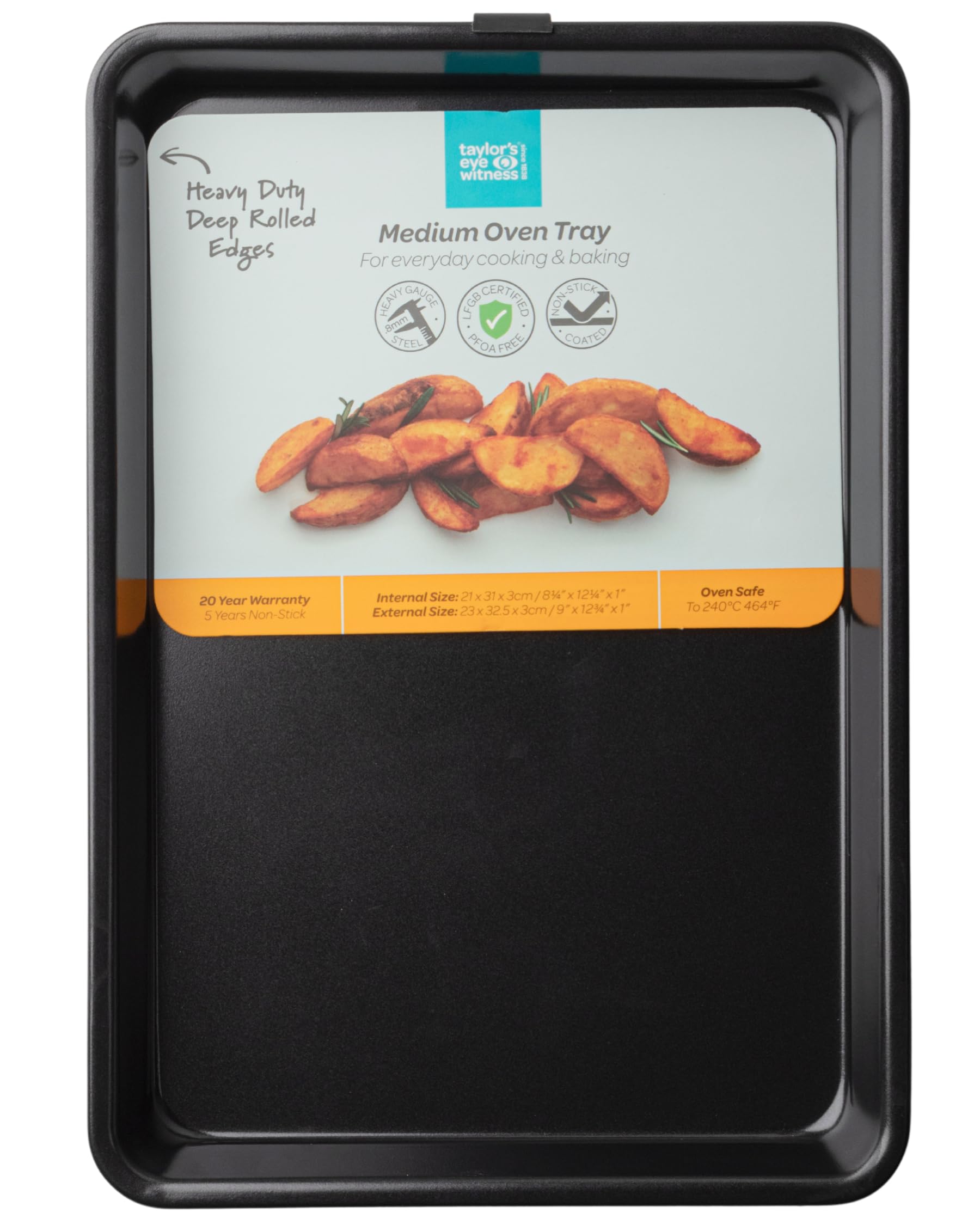 Medium Oven Tray with Rolled Edges, Non-Stick Heavy Gauge 0.8mm Carbon Steel