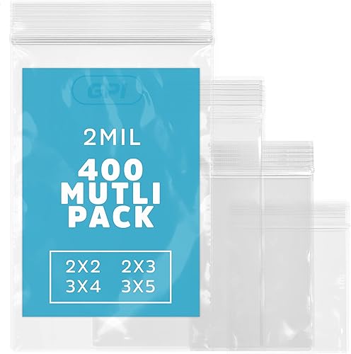 Bolsas surtidas de plástico con cremallera, paquete de 400 unidades GPI de 2 mil, 4 tamaños, 2 x 2, 2 x 3, 3 x 4, 3 x 5, bolsas de polietileno