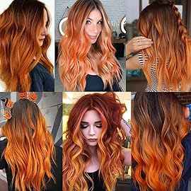 RINBOOOL Orange Hair Extensions Clip in for Kids Girls, 10 Pieces 22 Inch, Colored Heat Resistant Synthetic Hairpiece, Long Straight Streak Extension Clips Ins