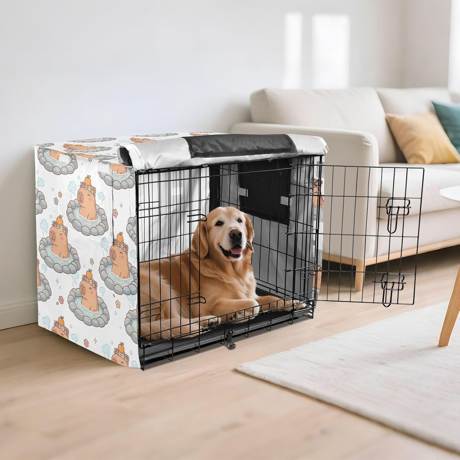 Duty 600D Silver Coated Dog Crate Cover, Water-Resistant Capybaras Print Pet Kennel Canopy with Mesh Windows for Optimal Ventilation, Universal Fit for Standard Wire Cage, Indoor & Travel