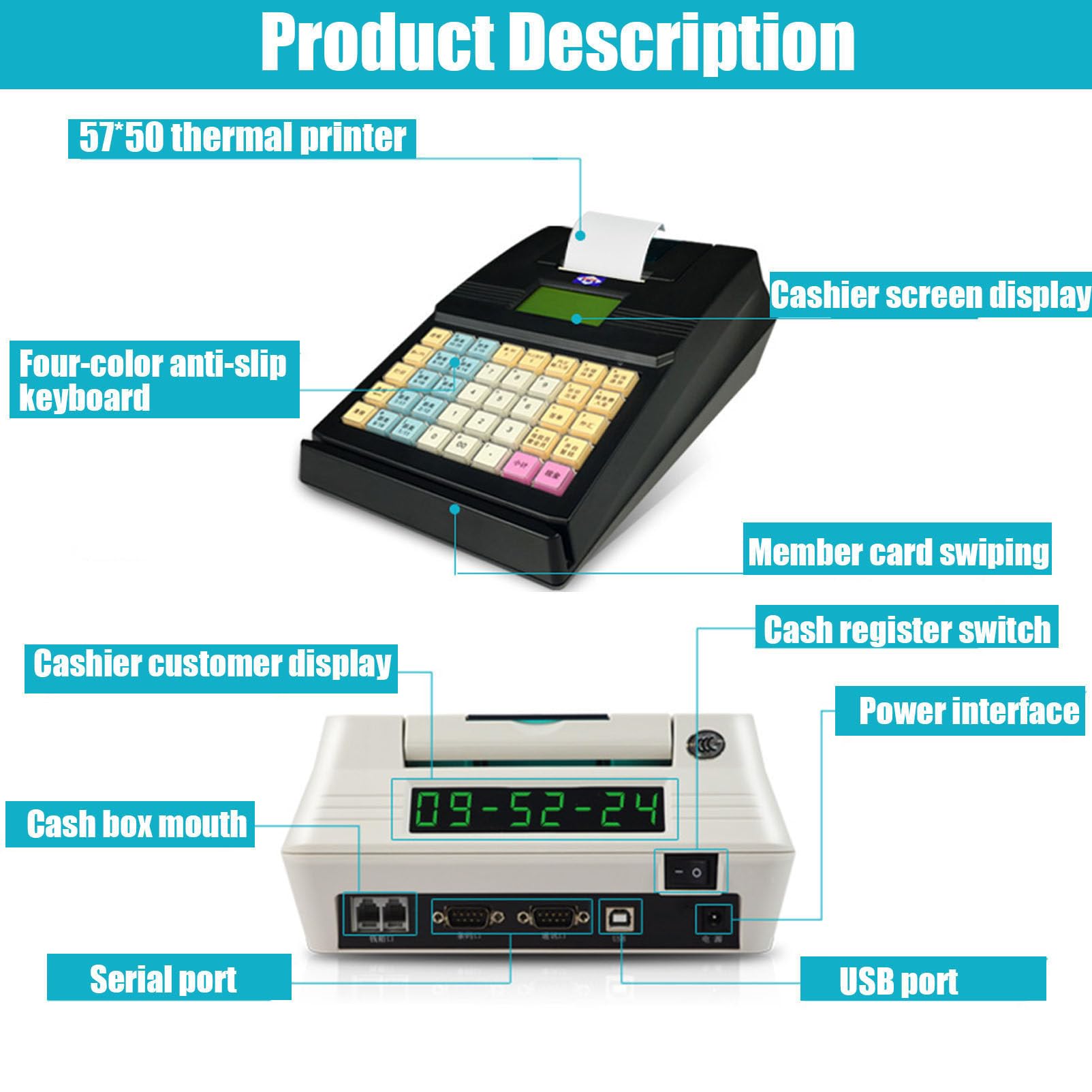 Elektronische Kasse 40 Schlüssel POS Casher Einzelhandel Digital LED Anzeige für Handel, Kiosk, Friseur, Bäckereien,Black