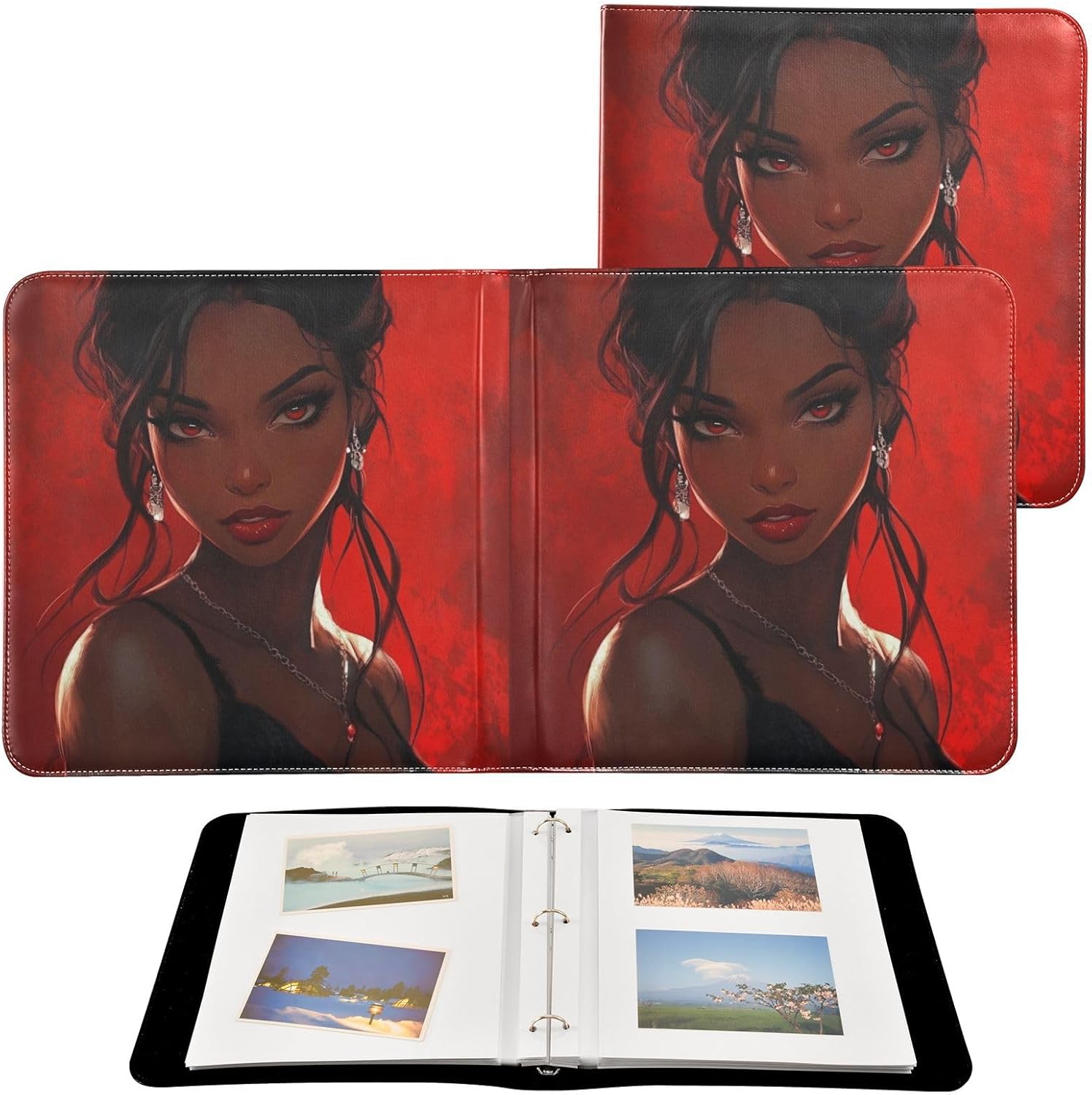 JIPONI Red Black Lady Large Photo Album, DIY Leather Cover Scrapbook Albums for 4x6 5x7 6x8 Pictures, Self Adhesive Memory Book for Wedding, Baby, Family