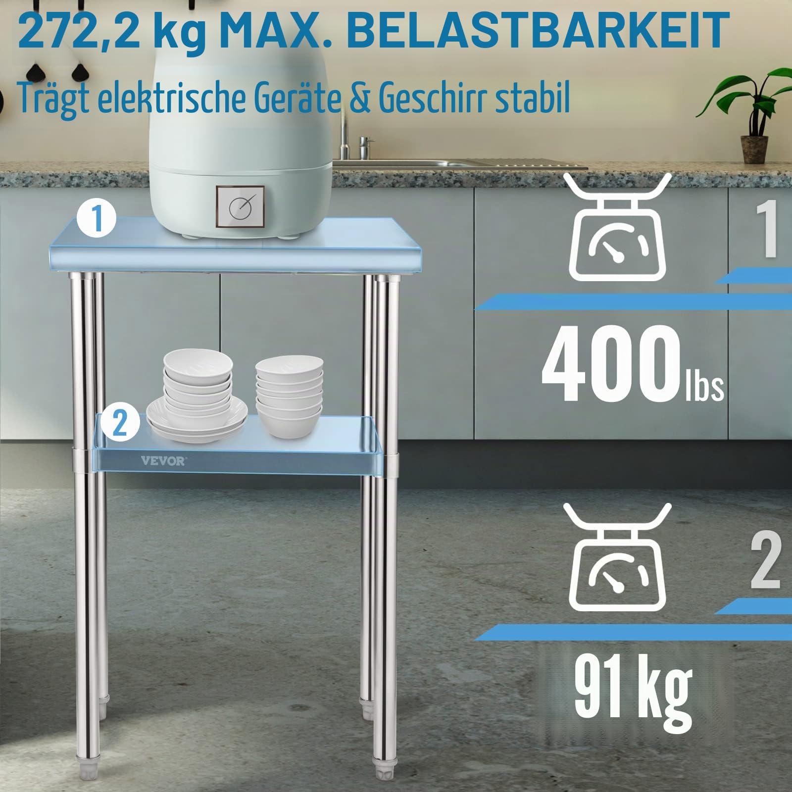VEVOR Kommerzieller Edelstahltisch 61 x 45,7 x 91,4 cm, Edelstahl Zweilagiger Arbeitstisch Zerlegetisch Gastro 181,4 kg + 91 kg Tragfähigkeit, Gewerbe Küchentisch, Zubereitungstisch Küchenmöbel