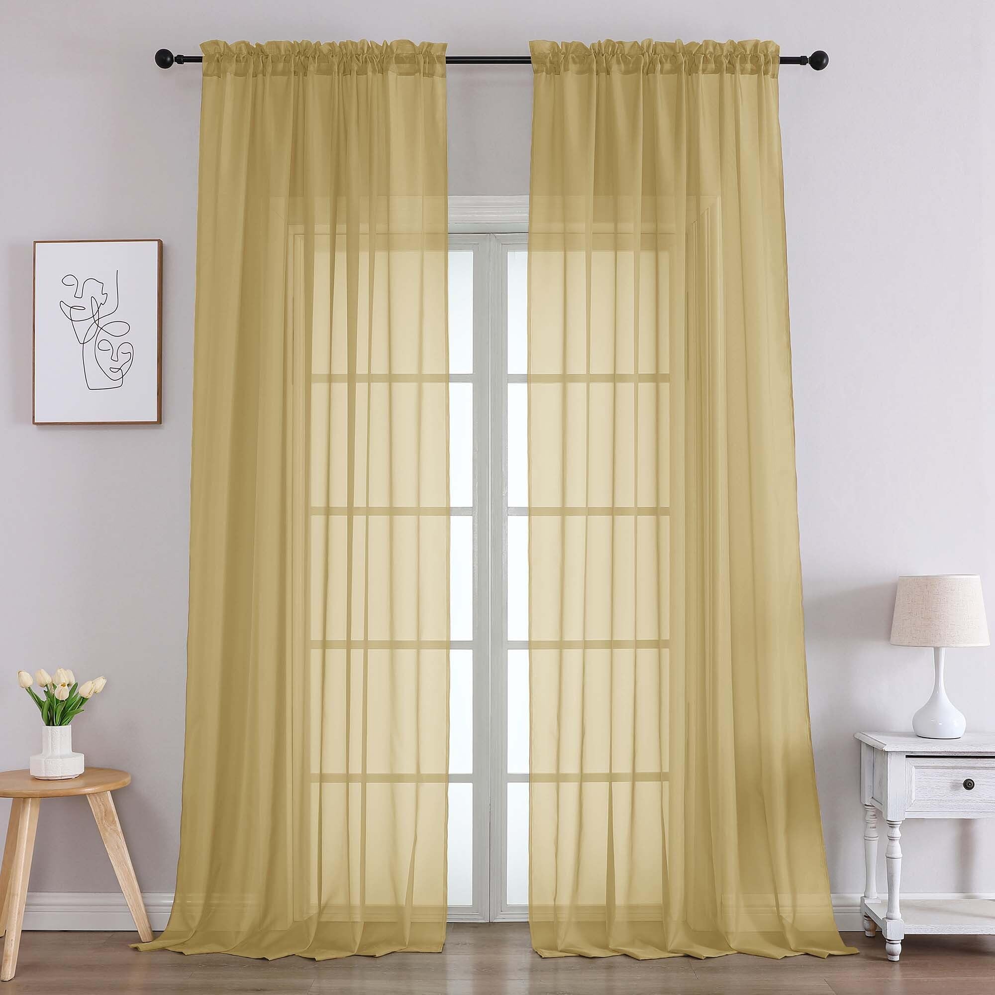 Chyhomenyc Gold Sheer Curtains 96 Inches Long 2 Panels, Light Filtering Gold Curtains for Living Room, Soft Gentle Voile Rod Pocket Bedroom Window Drapes, 59Wx96L Inch, 2PCS
