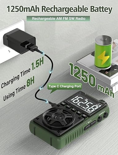 Miniatura 5 de Radio de onda corta Bluetooth AM FM con alerta meteorológica NOAA, radio de bolsillo portátil recargable de 1250 mAh con la mejor recepción, altavoz