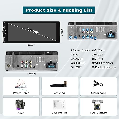 Miniatura 8 de Hikity 10.26 '' inalámbrico Apple Carplay inalámbrico Android Auto portátil coche pantalla táctil estéreo, soporte Airplay, navegación GPS, Siri,