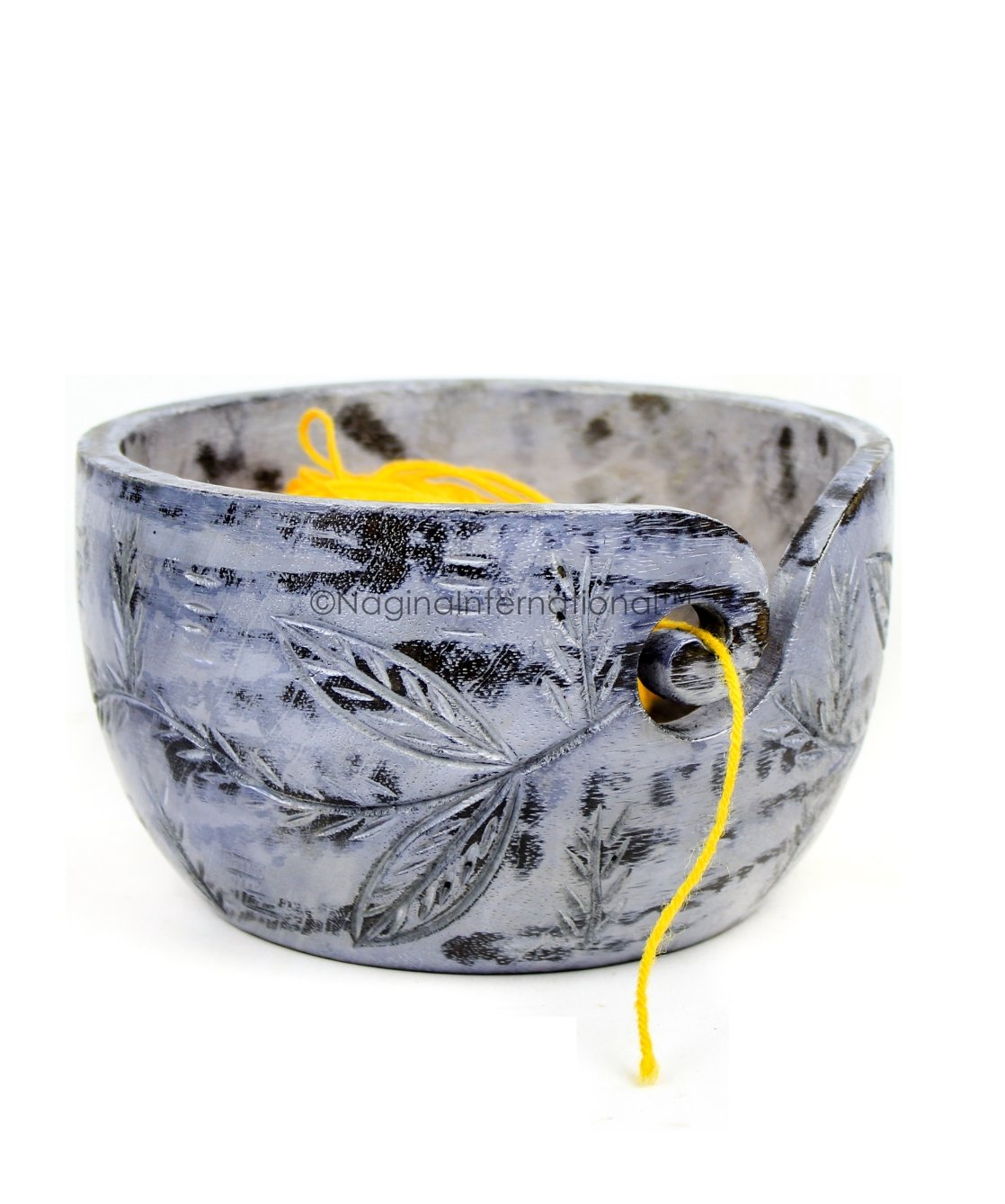 Nagina International Ciotola PortaGomitoli In Legno Per Uncinetto E Maglia - Medium, Dipinta A Mano (Lemon Blue)