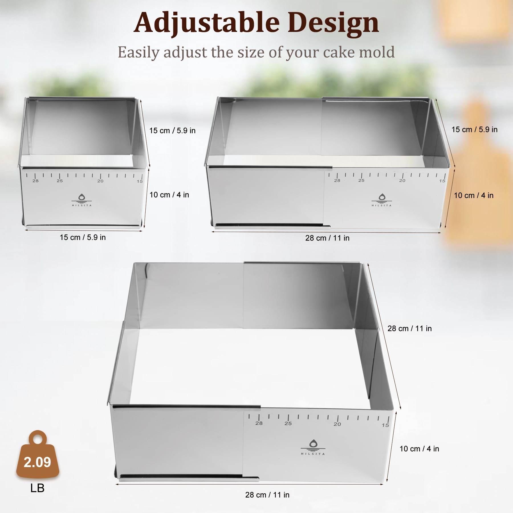 Verstellbare rechteckige Mousse-Kuchenringform – ausziehbarer quadratischer Edelstahl-Kuchenschneider, Backgeschirr für individuelles Backen – robustes Backzubehör – 15 x 15 x 10 cm