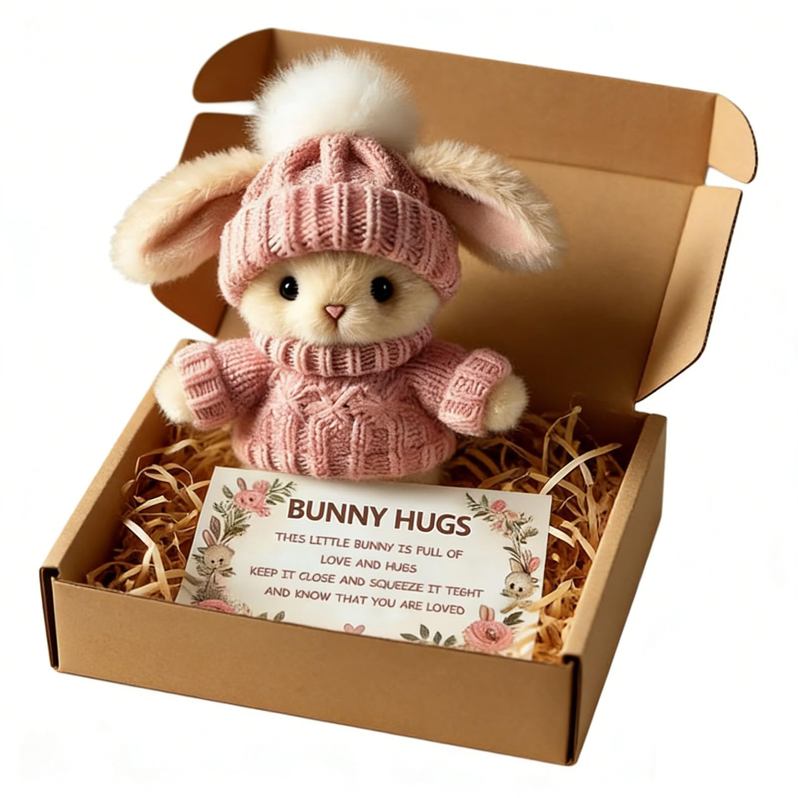 Mini Bunny Hug Cute Easter Gift, Oster Plüschhase mit Strickmütze & Bommel, Hase In Einer Box Umarmt Positives Easter Bunny Toys Hug In A Box, Positive Plüschtiere Osterhasen für Frauen Männer
