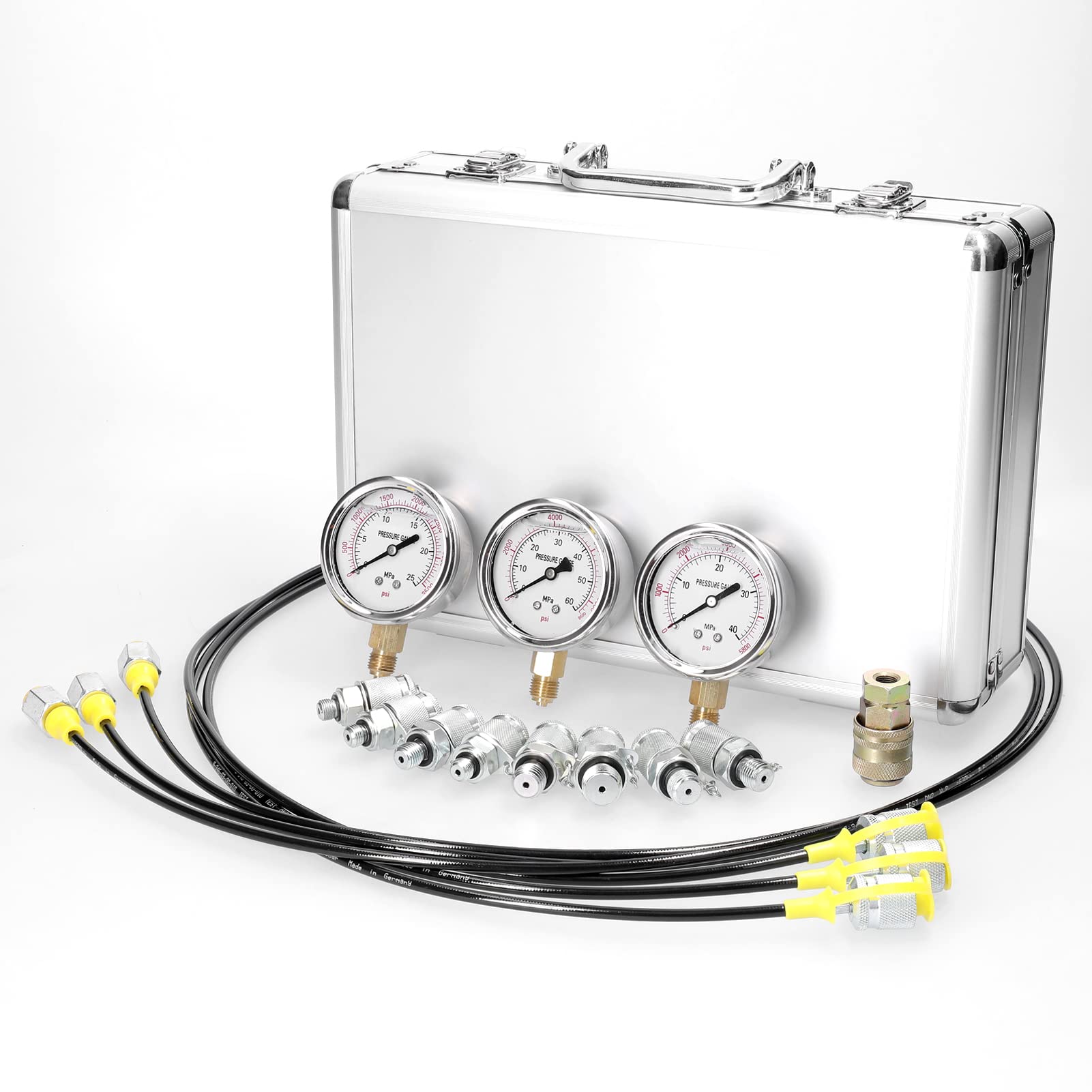 Kit manometro idraulico, tester di pressione idraulica, misurazione della pressione idraulica con 9 raccordi, 3 manometri, 3 tubi flessibili di prova per escavatori e macchinari da costruzione