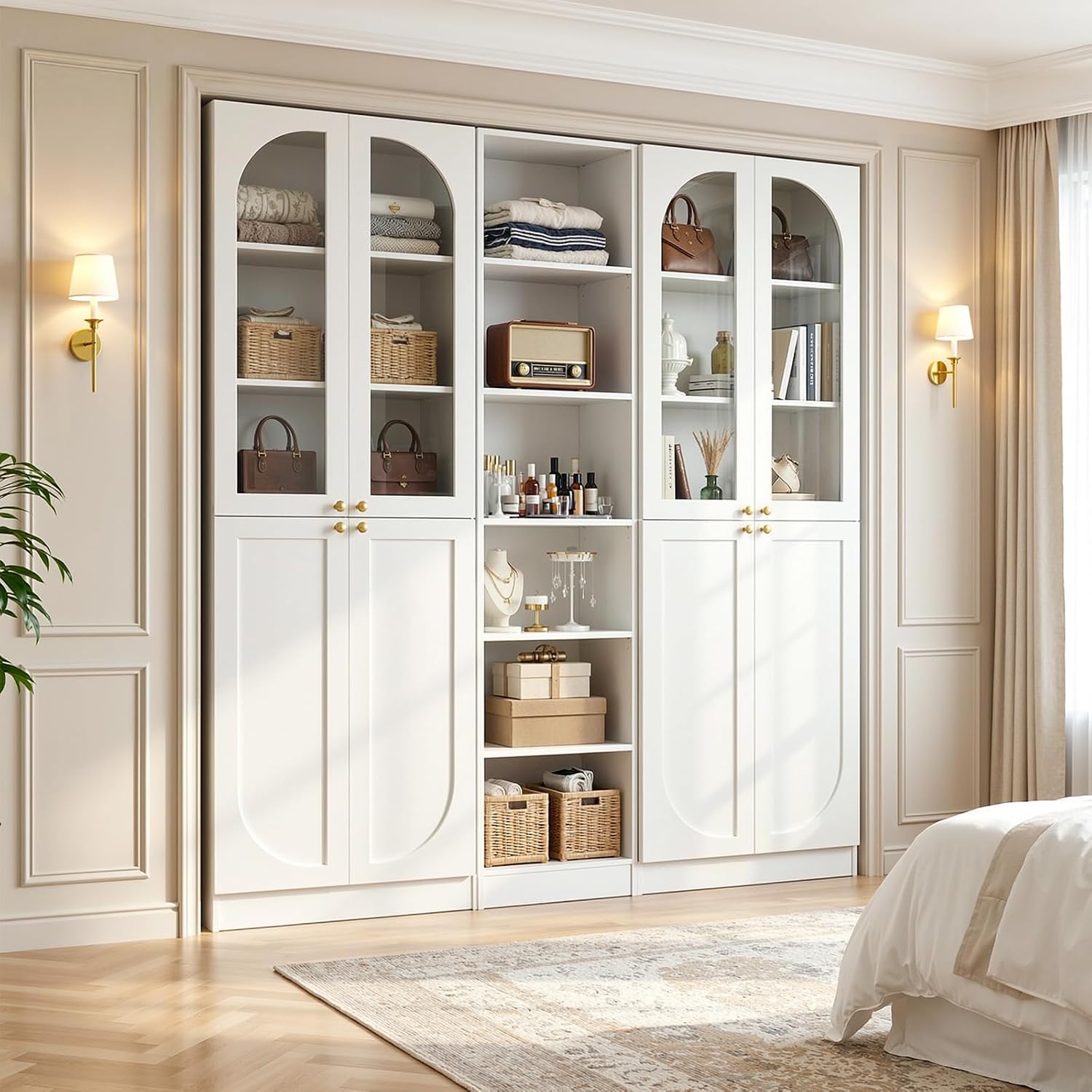 Cyclysio 80" Tall Bookcase System with 4 Tempered Glass Doors, Arched Corner Bookshelf with 6-Tier Open Shelves, Wooden Pantry Storage Organizer with Baseboard Cutout for Living Room