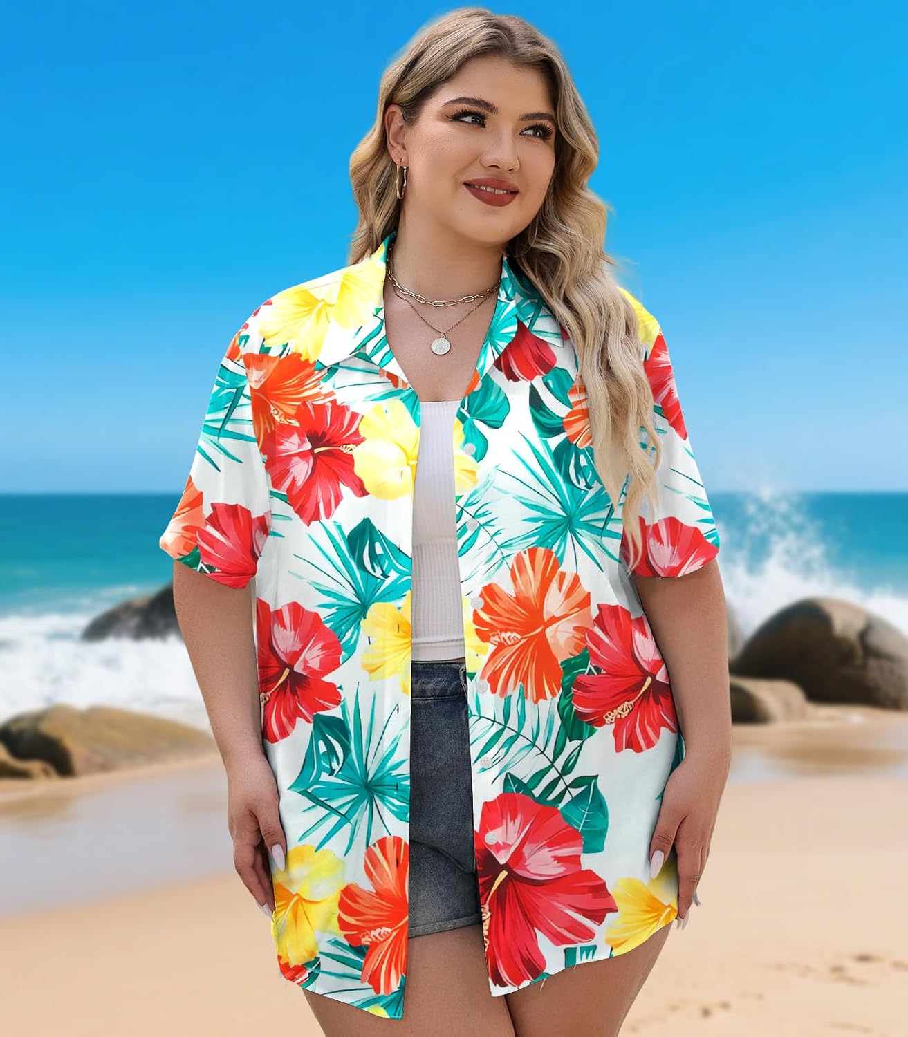 Plus Size Women Hawaiian Shirt Soft Cool Summer Hawaii Shirts Floral Tropic Print V Neck Button Down Shirts Beach Tops - Image 2