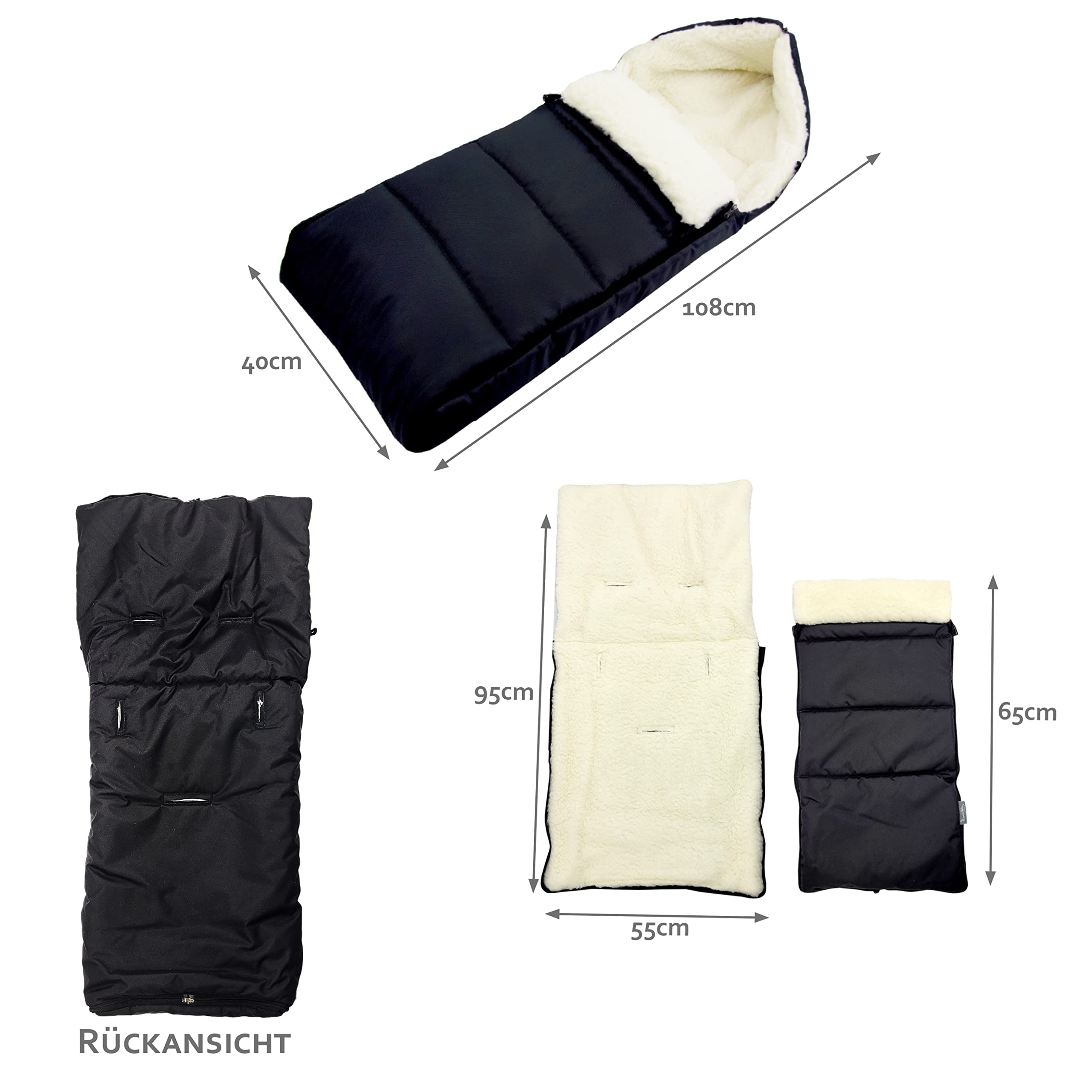 BAMBINIWELT KOMBI-oferta mufka + śpiworek na stopy 108 cm – z wełny jagnięcej do wózków dziecięcych, Buggy, przyczepa rowerowa – wełna – linowana (morska)