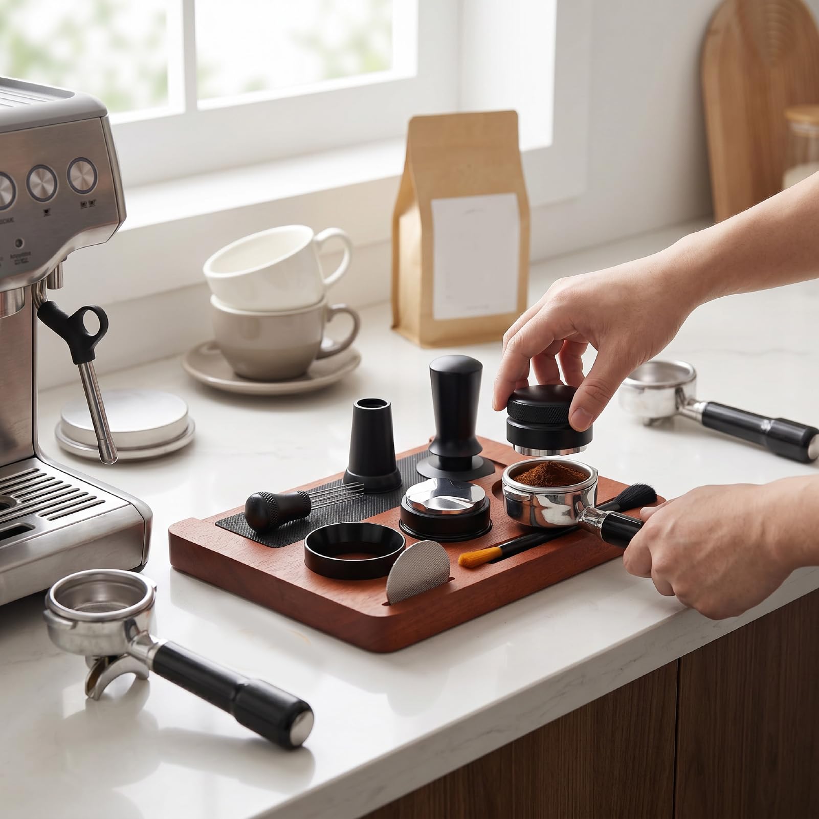 7-częściowy Zestaw Ubijaków do Kawy, Stacja Ubijaków Sprężynowy Dystrybutor Tamperów Licznik Bez Bałaganu do Home Barista 7-częściowy Zestaw Kawy, 51 Mm Ubijak Drewna Przenośna Kawa