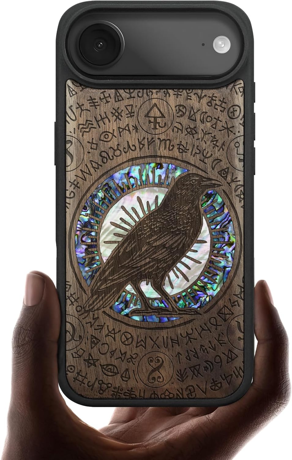 Carveit Magnetic Case for iPhone Air Case, Wood Artisan Engraved & Handmade Shell Inlaid, TPU Shockproof Cover, Compatible with MagSafe 17 Air Wireless Chargers (The Haloed Crow-Walnut)
