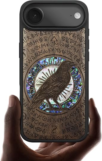Carveit Magnetic Case for iPhone Air Case, Wood Artisan Engraved & Handmade Shell Inlaid, TPU Shockproof Cover, Compatible with MagSafe 17 Air Wireless Chargers The Haloed Crow-Walnut
