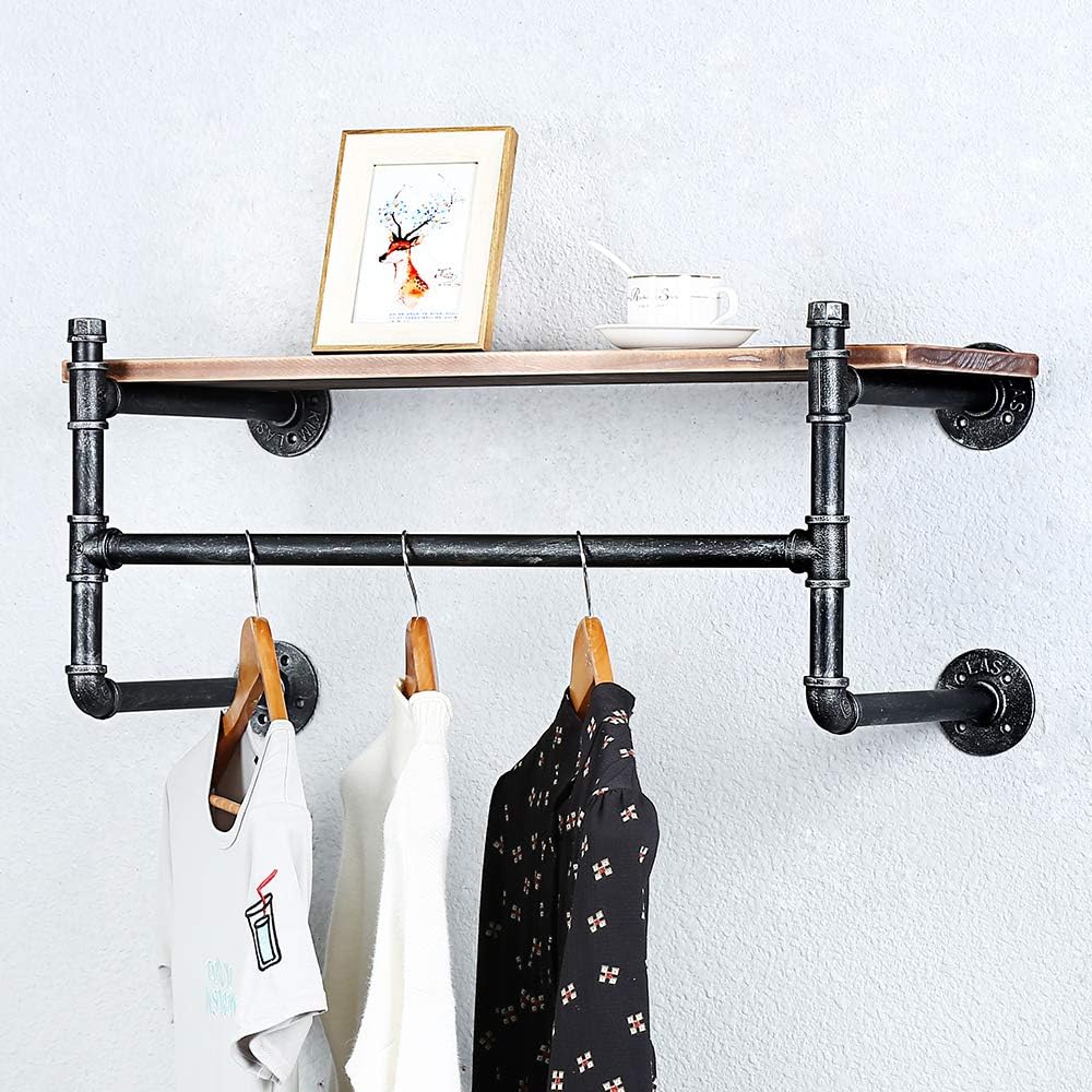 Buy Industrial Pipe Clothing Rack Wall Mounted with Real Wood Shelf