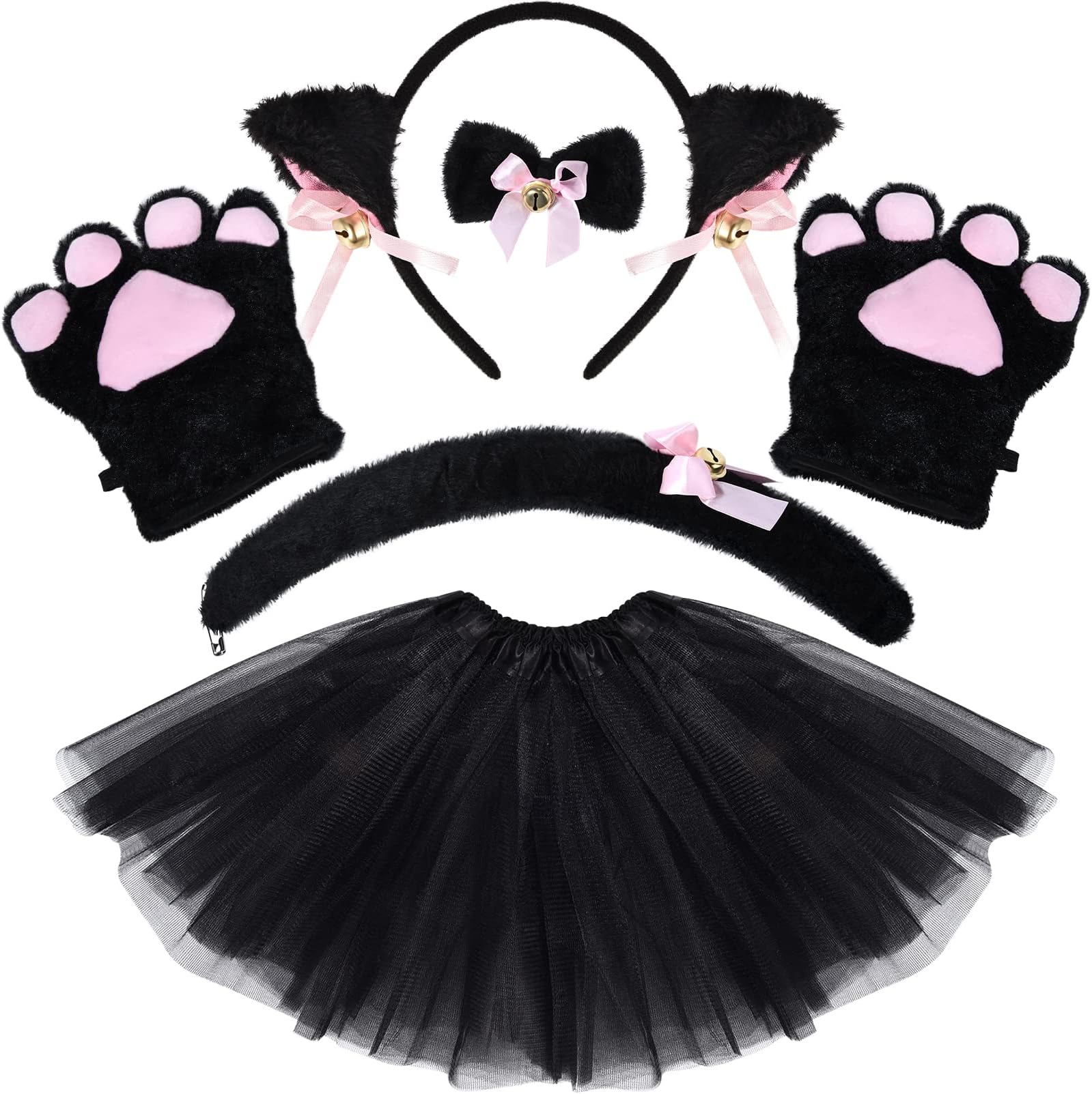 Latocos 6 Pcs Cat Cosplay Costume for Girls Women Cat Ears and Tail Set with Paws Tutu Skirt Halloween Dress up Pretend Role Play