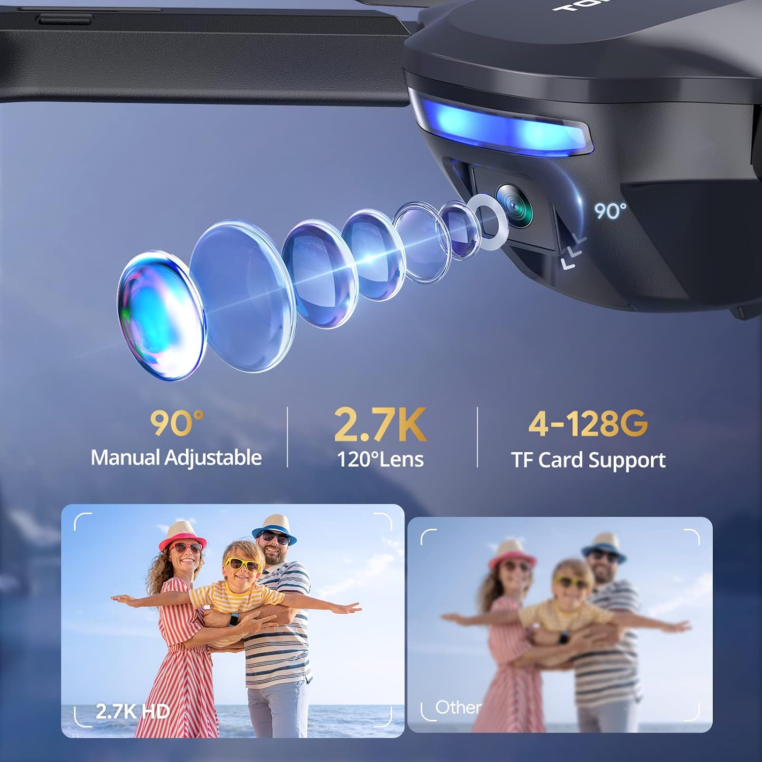 TOMZON T4W Drone camera features: 90 degree adjustable, 2.7K 120 degree lens, 4-128G TF card support