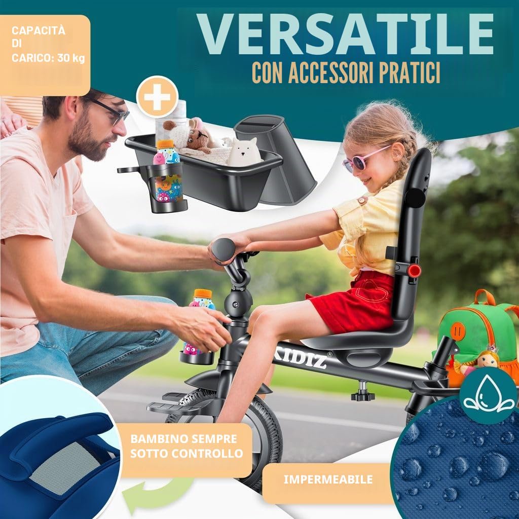 KIDIZ Triciclo 6 in 1 Dirigibile da 9 mesi Joggant anteriore e posteriore Peso massimo 25 kg Barra di spinta Cestino parasole Ruote in gomma
