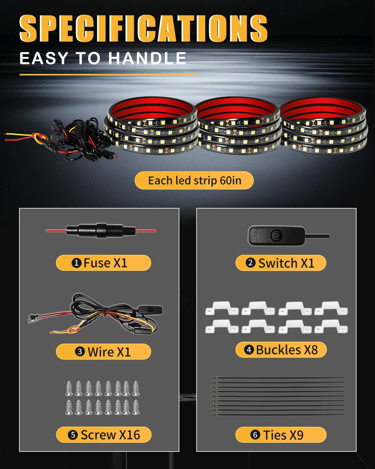Qasim Truck Bed Light Strip 3PCS 60" Inch 270 LEDs White Led Strip Lights Waterproof for Truck Cargo Pickup Van SUV RV Boat Lights, with On/Off Switch Blade Fuse