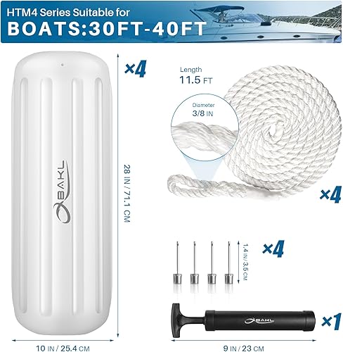 Miniatura 2 de Paquete de 4 defensas de barco de 10 x 28 pulgadas con agujero central acanalado para embarcación, viene con cuerdas y bomba para inflar