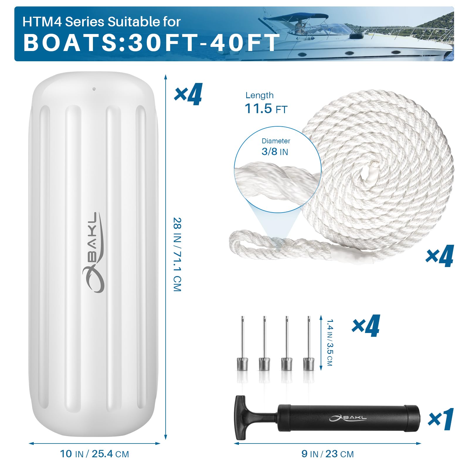 OBAKL Lot De 4 Ailes De Bateau De 21,6 X 68,6 Cm Nervurées à Double œil Pour Amarrage, Livrées Avec Cordes Et Pompe Pour Gonfler (bleu