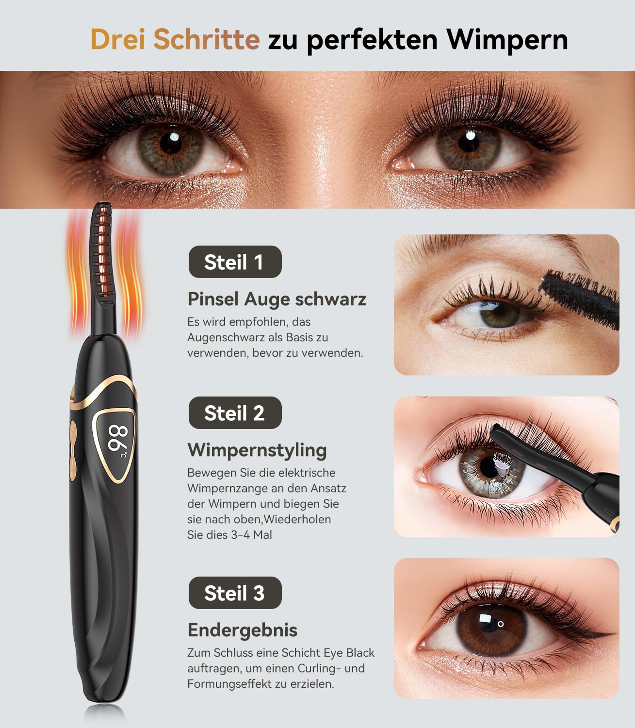 2-IN-1 Wimpernzange Beheizbar mit LCD Temperaturanzeige 60–90°C【30h Schwung Wie Frisch Gestylt】【Sofortiges Styling Ohne Hitzegefühl】Wimpern Curler für sicheres Styling zu Hause, im Büro und auf Reisen
