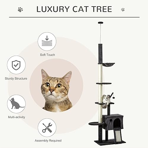 Miniatura 3 de PawHut Árbol enorme para gatos de 106 pulgadas, centro de actividades de piso a techo, juguete de escalada para gatos con poste rascador, hamaca